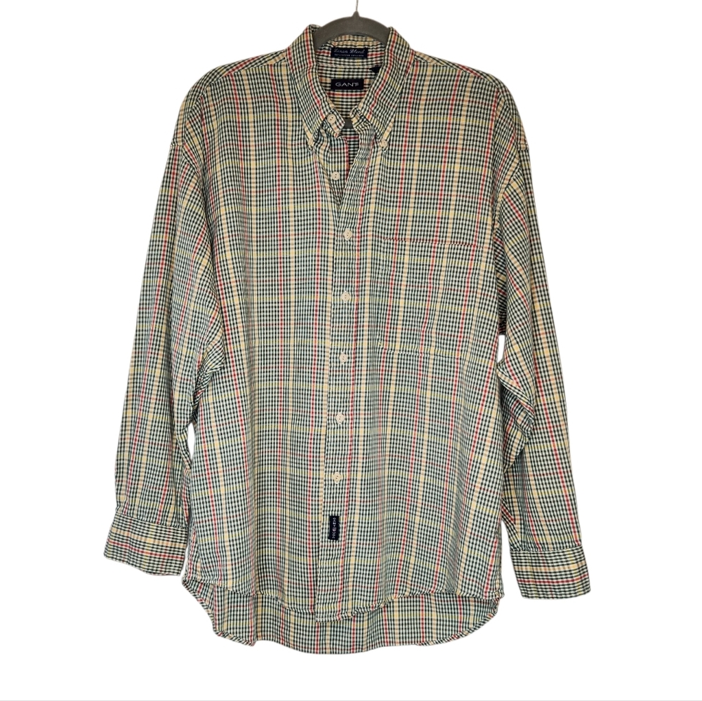 Gant Linen Cotton Blend Plaid Button Down Shirt Size Large